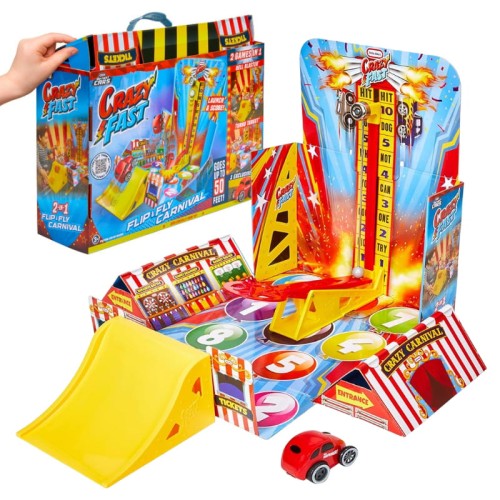Little Tikes Crazy Fast Zestaw Flip & Fly Carnival Zestaw Wielofunkcyjny Wesołe Miasteczko Koszykówka Rzucanie Samochodzik