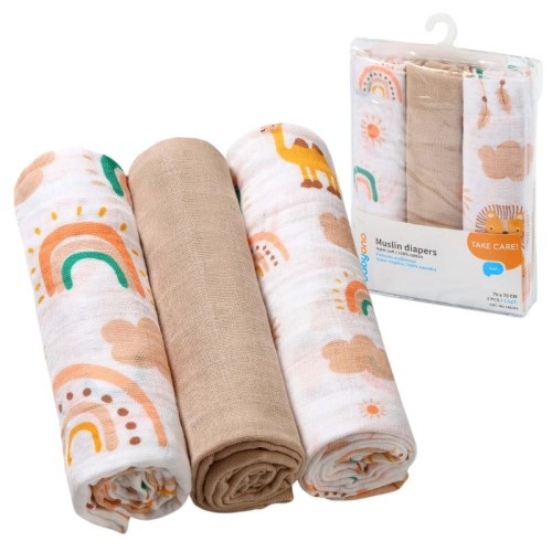 Babyono Pieluszki Muślinowe Super Miękkie Bawełniane 3 szt. 3-Pak Tęcza