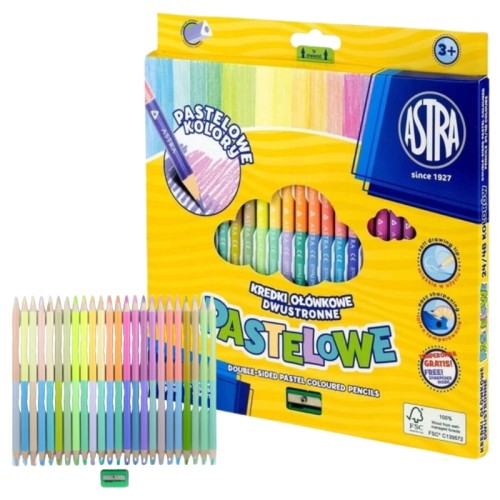 Астра Кольорові Олівці Трикутні Двосторонні Пастельні Шкільні 24 Шт. 48 Колорів + Точилка