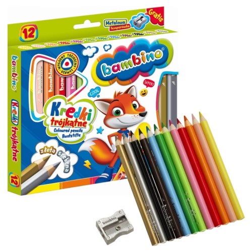 Бамбіно Трикутні Шкільні Олівці В Дерев'яній Обкладинці 12 Кольорів + Точилка